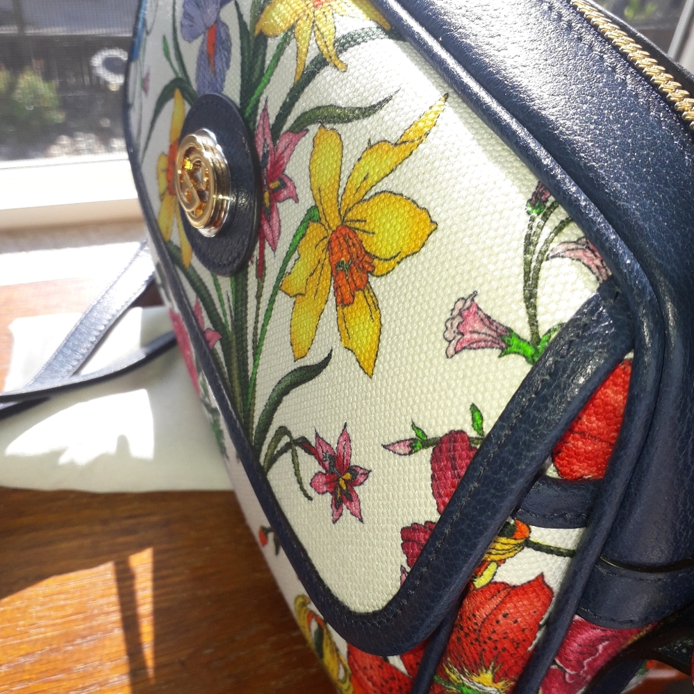 GUCCI Blue Small Flora Canvas & Leather ShldrBag